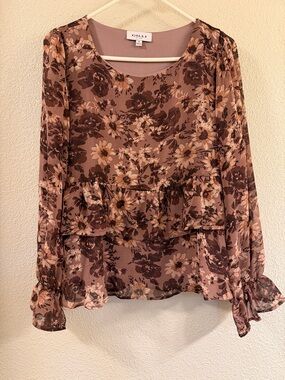 Gilli Mauve Floral Peplum Blouse with Brown Accents